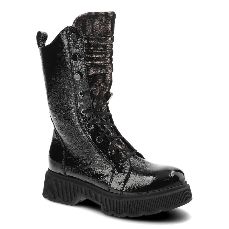 Trapery damskie Clasicco, naturalna skóra lakierowana z dodatkiem materiału filcowa wkładka ocieplane wnętrze, czarny, 2250-01AM-W2