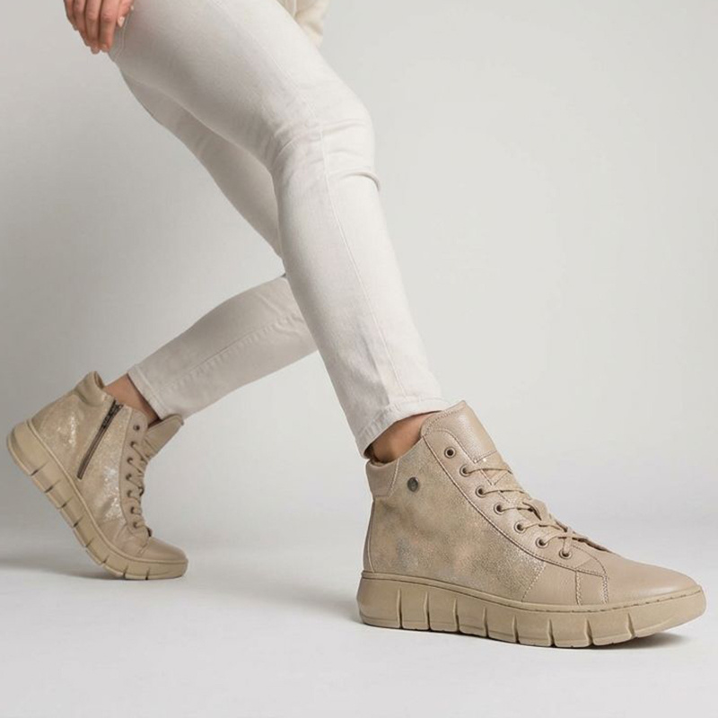 Beżowe Trzewiki Armodo Modne Obuwie Damskie Z Brokatową Cholewką