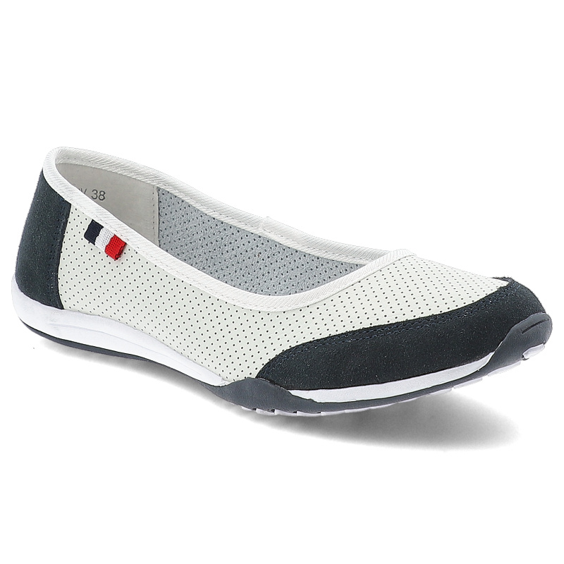 Baleriny damskie Filippo, skórzane na płaskiej podeszwie wsuwane i dziurkowane, biało-granatowe, DP142-25