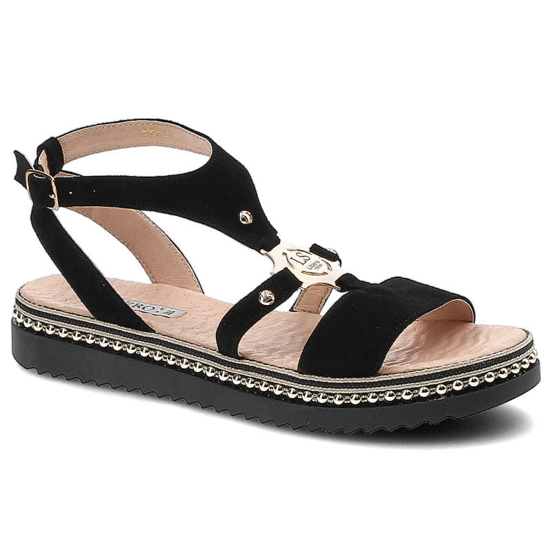 Sandały damskie Libero, wysokogatunkowy zamsz ze sprzączką i na płaskiej podeszwie, czarne, 1045