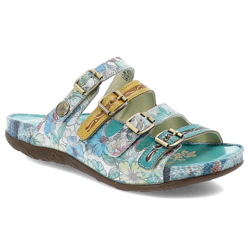 Klapki damskie Laura Vita, skórzane na płaskiej podeszwie z miękkimi wkładkami klasyczne z klamrami, turkusowe, Lillo-5025-CX1933-50