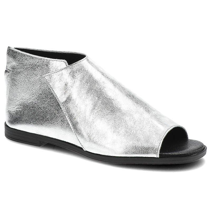 Sandaly damskie Lemar, naturalna skóra o metalicznym wykończeniu z odkrytym przodem wsuwaną konstrukcją, srebrne kryształ, 40313-Krysztal-Srebro