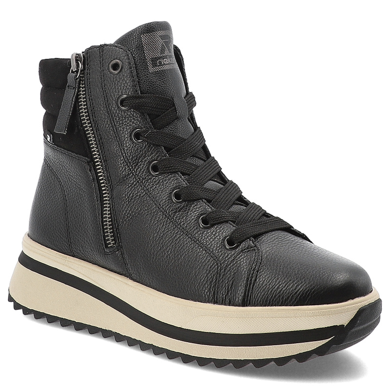 Sneakersy damskie Rieker, skórzane na grubej platformie zapinane na zamek i z okrągłym noskiem, czarne, W3870-00