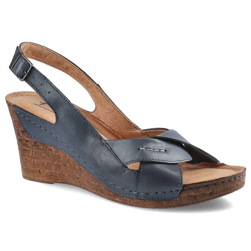 Sandały damskie Pollonus, na koturnie i zapinane sprzączką, niebieskie Angel, 5-0691-003