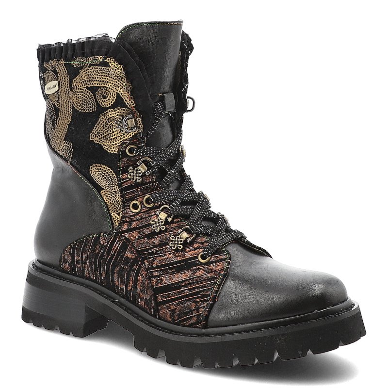 Botki damskie Laura Vita, skórzane trzewiki na płaskim obcasie z ozdobami i falbanką na zamek, czarne, Kouleo-16