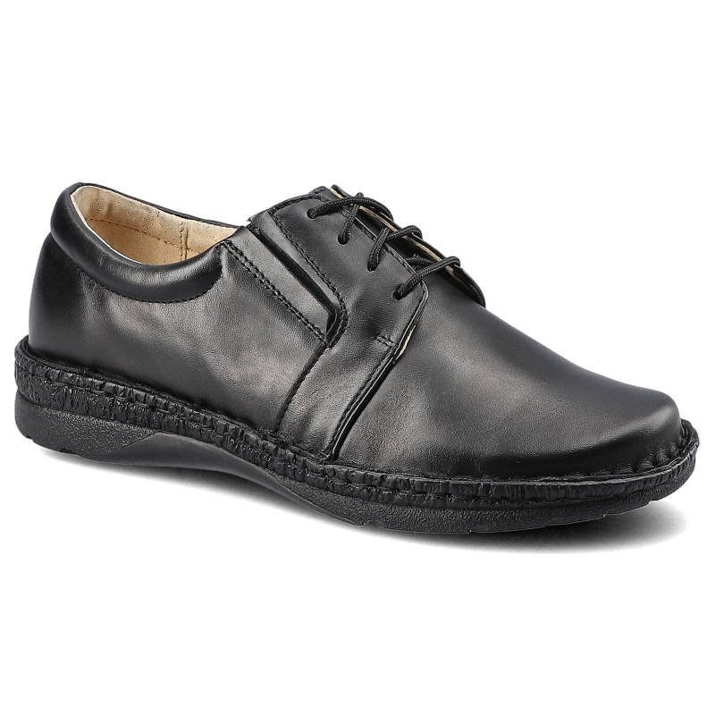 Półbuty damskie Wasak, skóra licowa naturalna ze sznurowaniem i elastyczną gumką na płaskiej podeszwie, czarne, 537