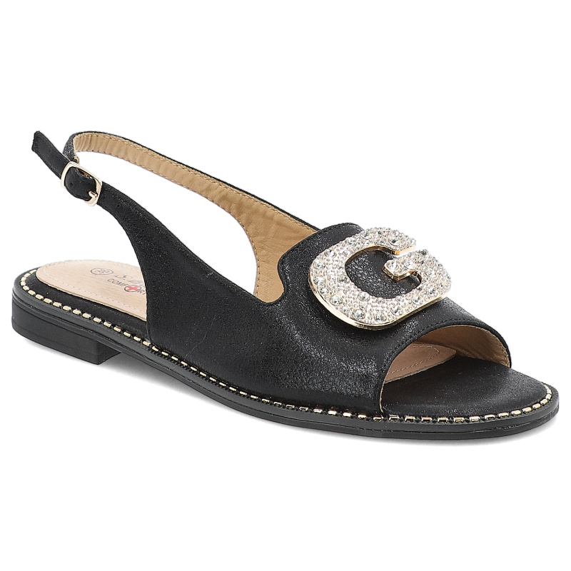 Sandały damskie S. Barski, eleganckie z ozdobą ze skóry ekologicznej ze sprzączką na płaskim obcasie, czarne, KV51-081