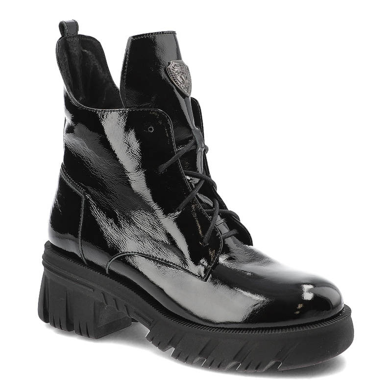 Botki damskie Lemar, ze skóry naturalnej lakierowanej na solidnej podeszwie, czarne, 60381