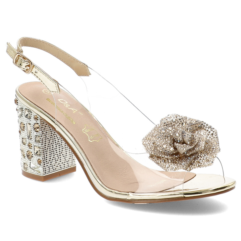Sandały damskie S. Barski, na słupku eleganckie na bal z ozdobą transparentne, złote, MR51-702