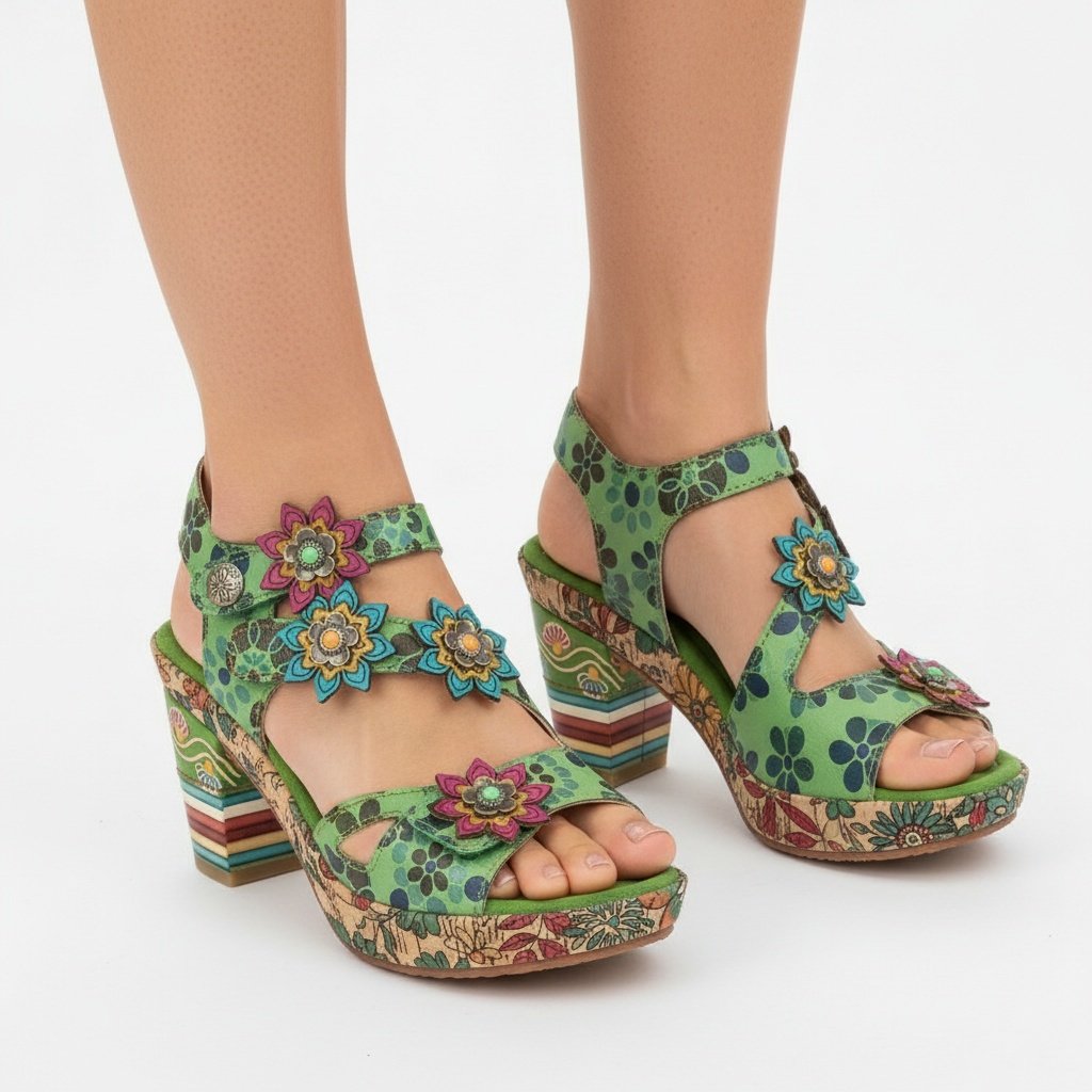 Sandały damskie Laura Vita, ze skóry naturalnej ozdobne aplikacje kwiatowe na paskach i profilowana wkładka, zielone, 33 AS311-33 Vert