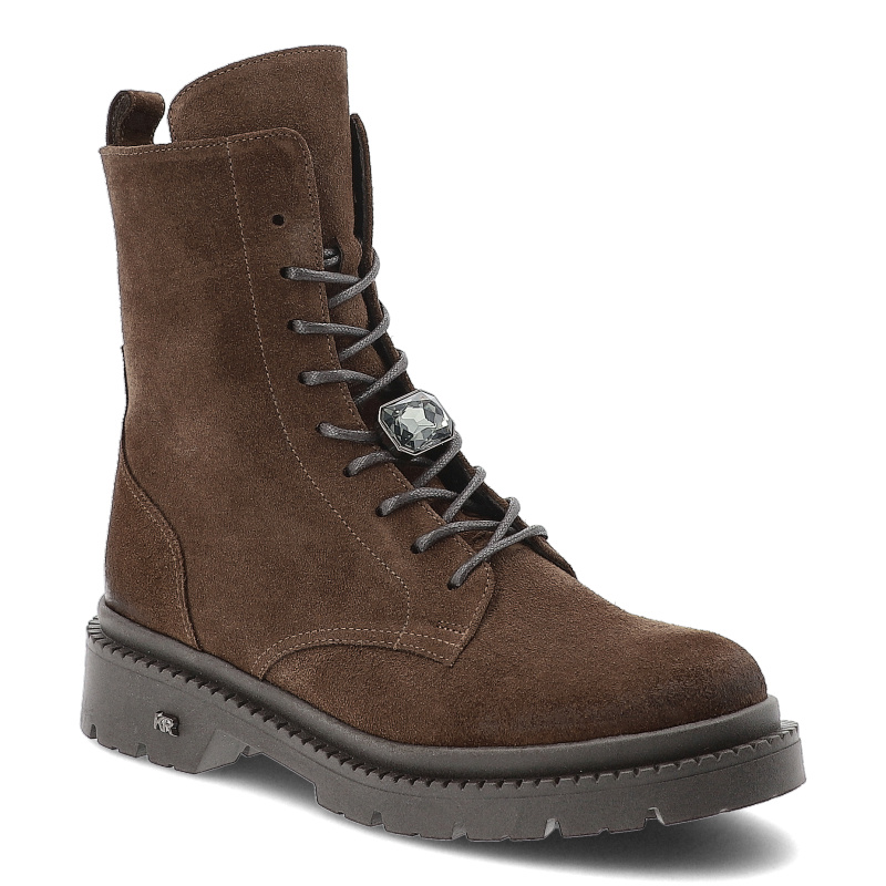 Botki damskie Karino, zamszowe skórzane na płaskim obcasie z ozdobą i na zamek, rude welur, 4841-015-F