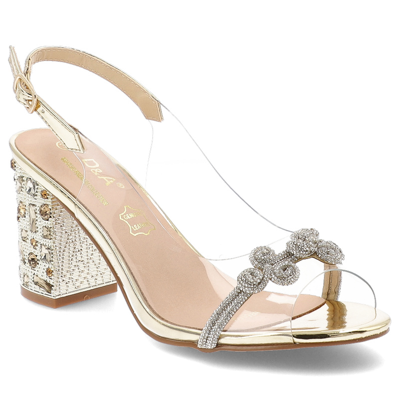 Sandały damskie S. Barski, na wysokim słupku transparentne z ozdobami i ze sprzączką, złote, MR51-705