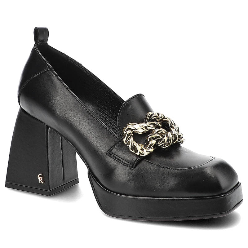 Półbuty damskie Carinii, na stabilnym obcasie z platformą i ozdobnym detalem, czarne, B7775