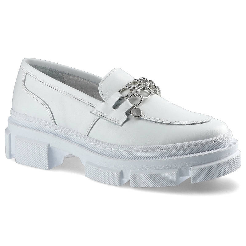 Półbuty damskie Karino, naturalna skóra licowa w białym kolorze z ozdobnym łańcuchem na podbiciu oraz masywną podeszwą o wyraźnym profilu, białe, 389