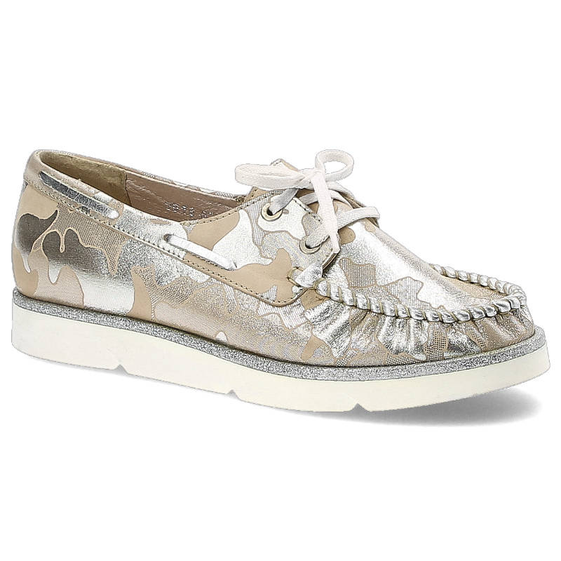 Mokasyny damskie Simen, wiązane ozdobną sznurówką i ze skóry naturalnej, różowo-srebrne, 760-Moro-Roz-Srebro