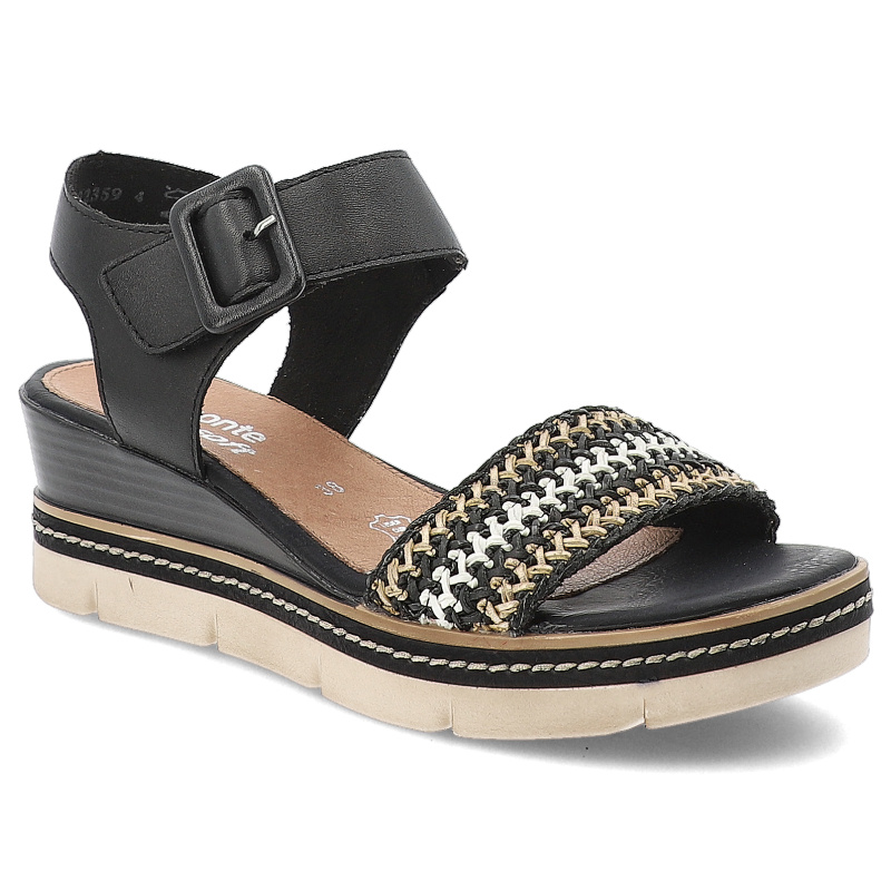 Sandały damskie Remonte, na koturnie skórzane na rzep eleganckie i wygodne, czarne, D2L55-03