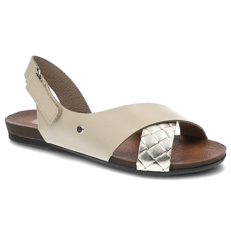 Sandały damskie Lemar, naturalna skóra licowa z szerokim paskiem na przodzie regulowanym paskiem z tyłu, beżowe Bari złoto, 40141 BF