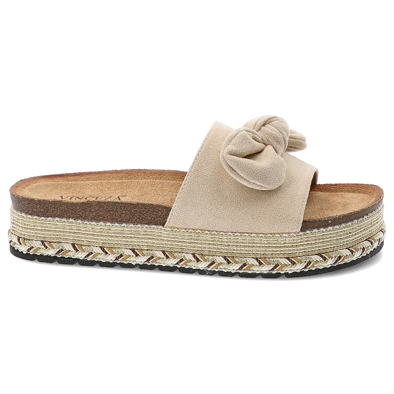 Klapki damskie Vinceza, na grubej platformie profilowane z kokardką materiałowe, beżowe, 16495-BE