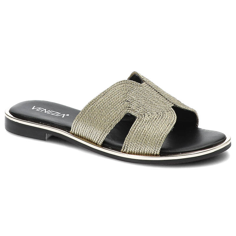 Klapki damskie Venezia, materiał tekstylny o plecionej strukturze z szerokimi paskami na cholewce wsuwaną konstrukcją, złoty, 251902