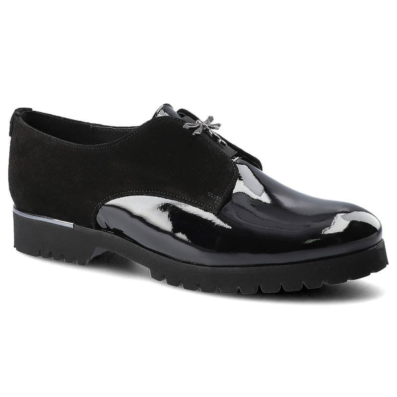 Półbuty damskie Karino, łączona lakierowana i zamszowa cholewka niski stabilny obcas lekka podeszwa z bieżnikiem smukła konstrukcja, czarne, 3534-126