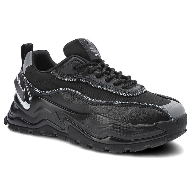Sneakersy damskie Cross Jeans, z połączenia materiałów syntetycznych z łączoną cholewką o dynamicznej formie oraz grubą amortyzującą podeszwą, czarne