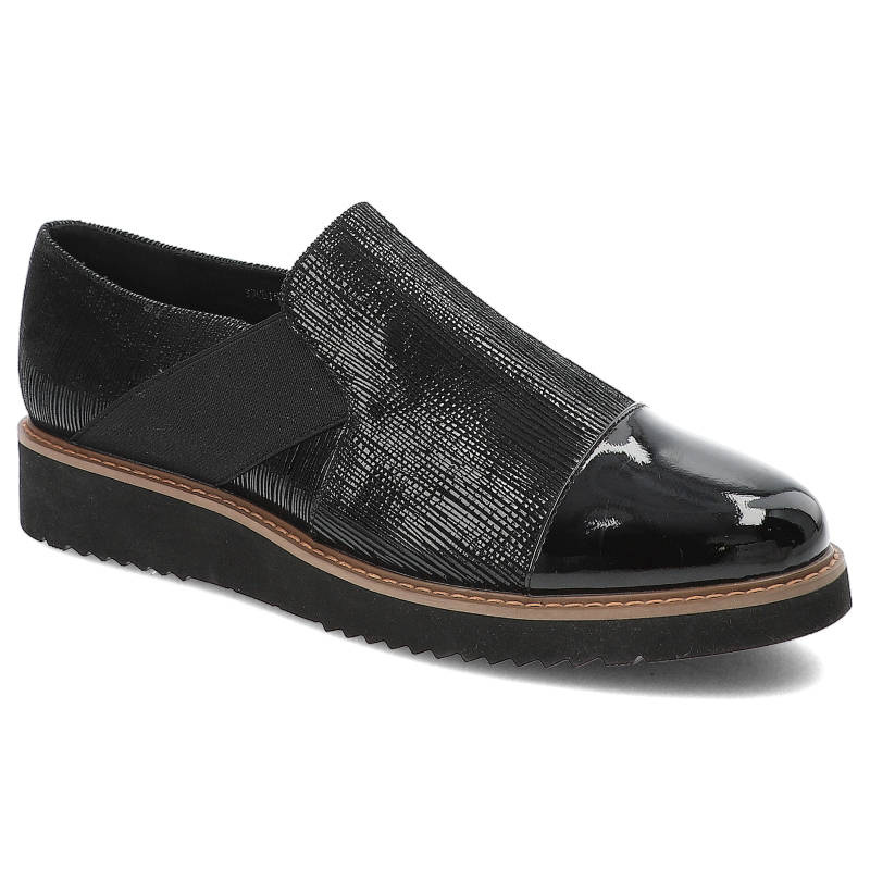 Półbuty damskie Lamelia, wsuwane z lakierowanym elementem i na płaskiej podeszwie, czarne, 39C818