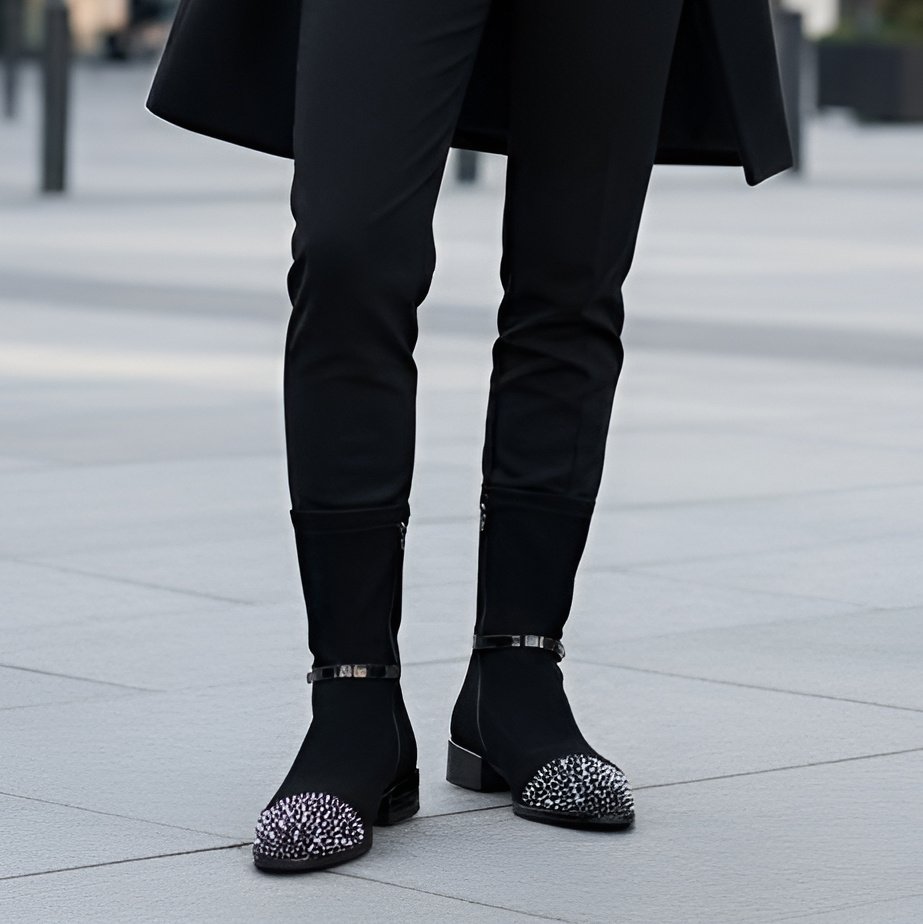 Botki damskie S. Barski, z ozdobnymi kamieniami na nosku i ocieplane futerkiem, czarne, MR52-165