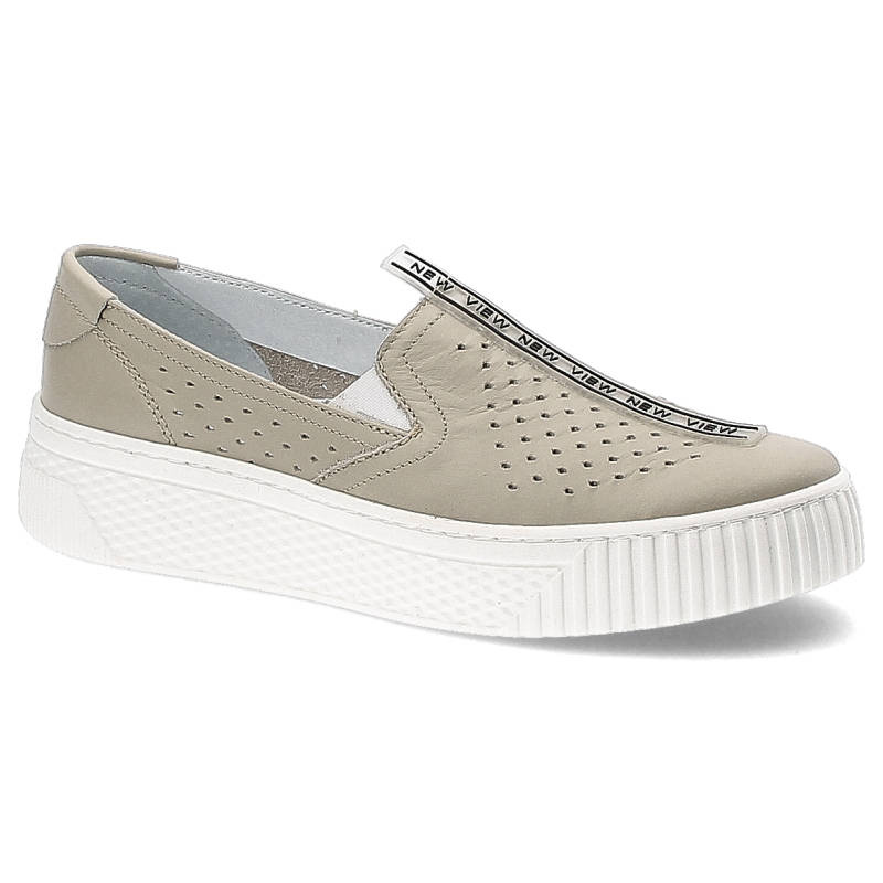 Półbuty damskie Pollonus, na platformie z perforowanej skóry z elastycznymi wstawkami, waniliowe, 5-1371-002