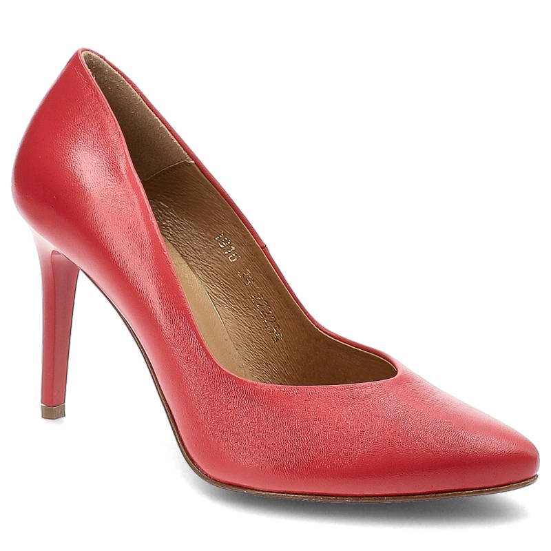 Czółenka damskie Clasicco, cholewka z gładkiej skóry naturalnej z klasycznym wycięciem i noskiem w szpic smukły obcas o prostym profilu, czerwone, 19