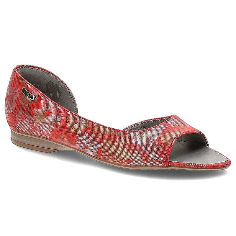 Półbuty damskie Maciejka, skóra naturalna malowana w kwieciste wzory z otwartymi palcami i na płaskiej podeszwie, czerwone, 00554-38-00-5
