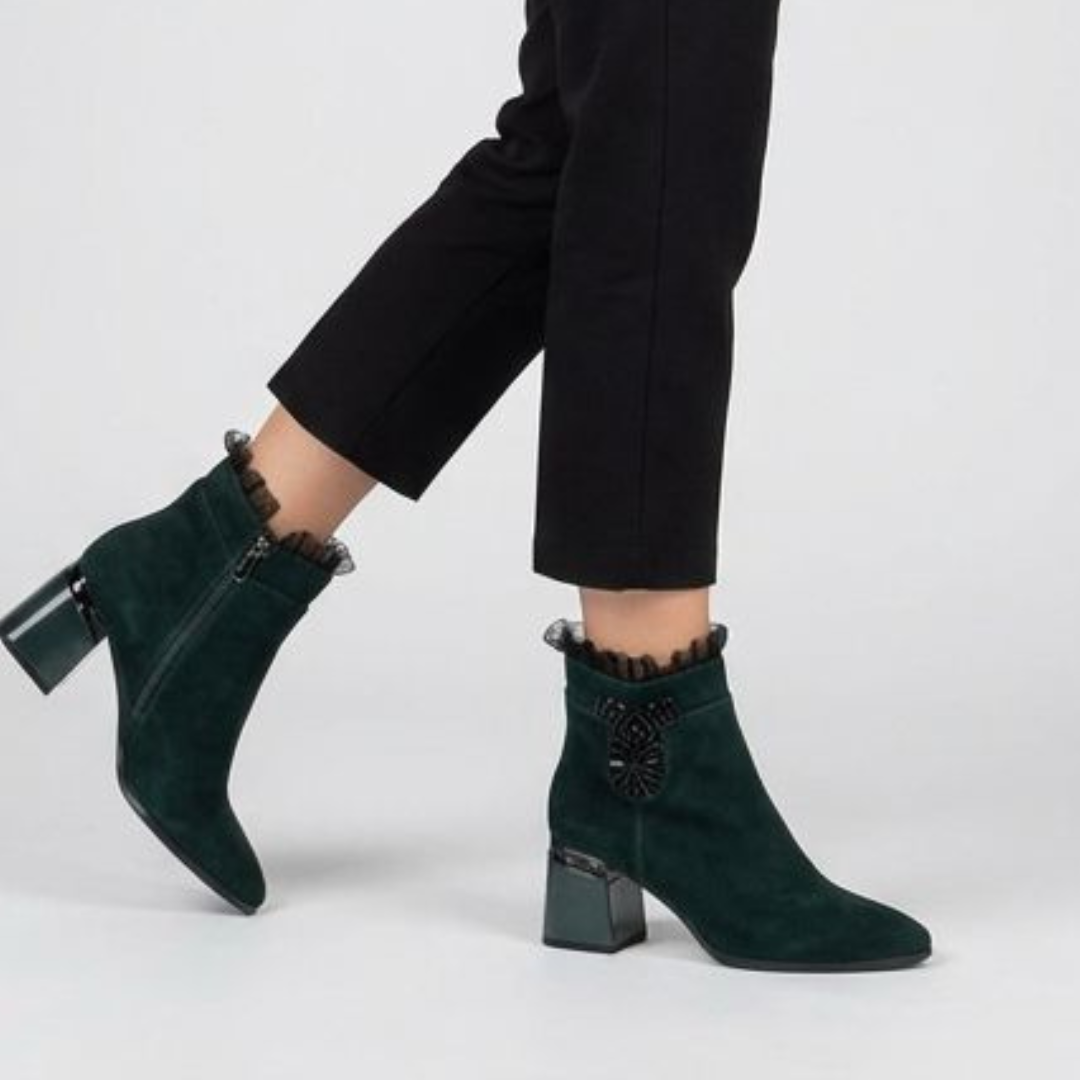 Botki damskie S. Barski, skórzane bogato zdobione na obcasie i na zamek, zielone, MR52-127