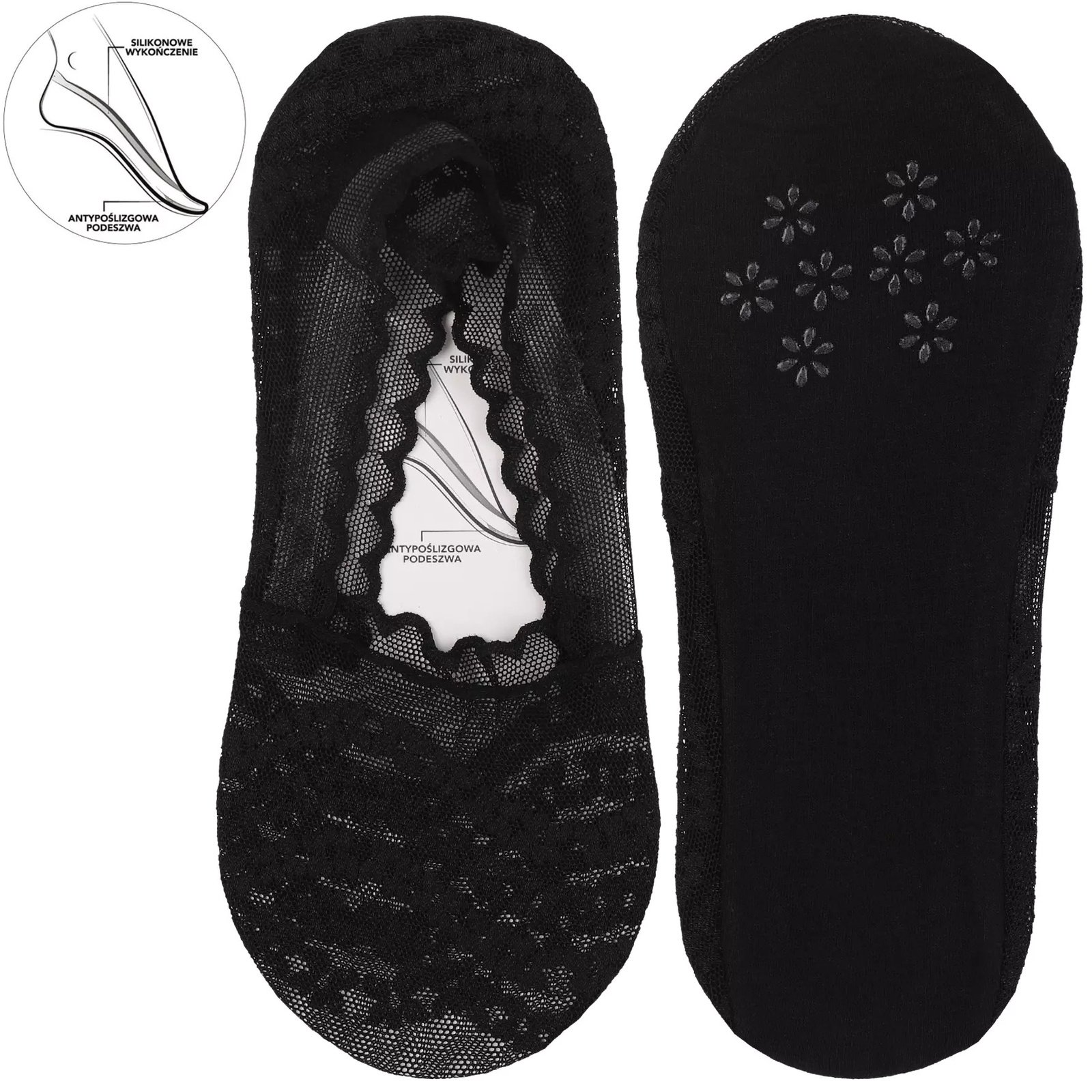 Baleriny damskie Moraj, skarpetki niskie bawełniane antypoślizgowe z koronką, czarne, CDB250-002