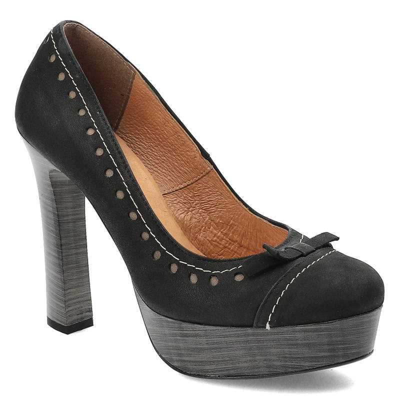 Półbuty damskie Szydłowski, skóra naturalna z uroczą kokardą na palcami i z wysokim stabilnym słupkiem, czarne, 181-Czarny-Samuel-S-1-S-11