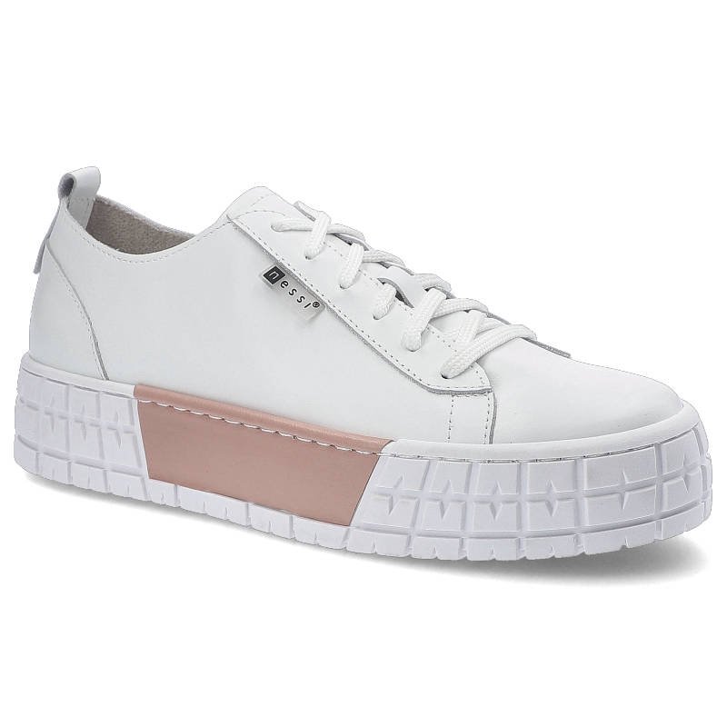 Sneakersy damskie Nessi, naturalna skóra licowa z gładką cholewką klasycznym sznurowaniem oraz grubą platformową podeszwą, biało-różowe, 21073