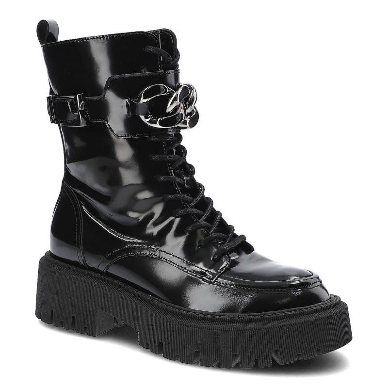 Botki damskie Chebello, cholewka wykonana ze skóry naturalnej lakierowanej sznurowanie z przodu pasek z metalowym łańcuchem zapięcie na klamrę i suwa