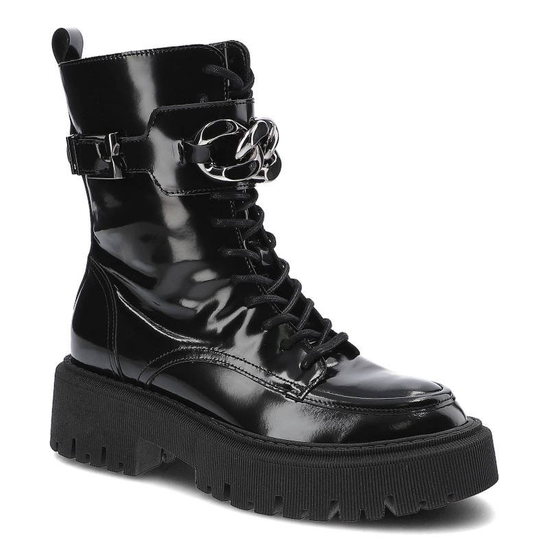 Botki damskie Chebello, cholewka wykonana ze skóry naturalnej lakierowanej sznurowanie z przodu pasek z metalowym łańcuchem zapięcie na klamrę i suwa