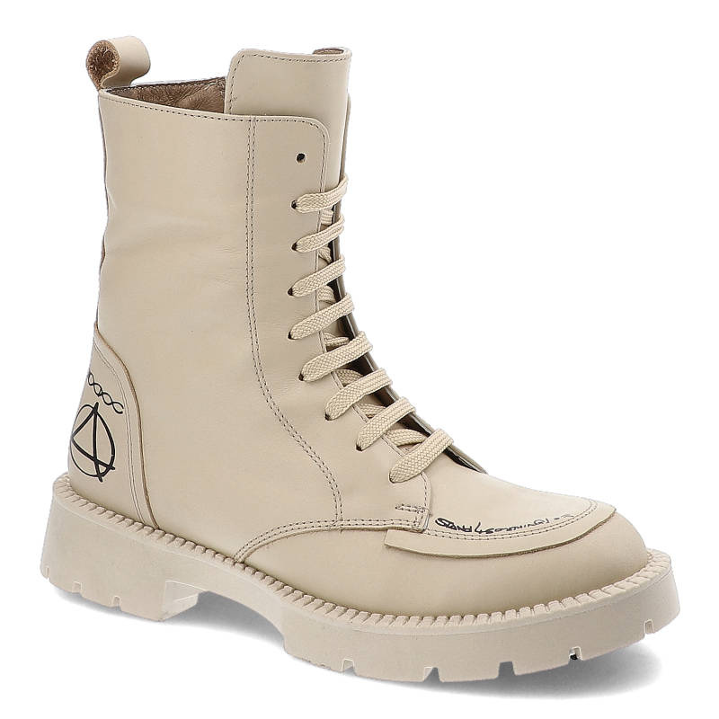 Botki damskie Ravini, cholewka z gładkiej skóry naturalnej z wysoką cholewką sznurowaniem i ozdobnymi przeszyciami gruba podeszwa z wyraźnym profilem