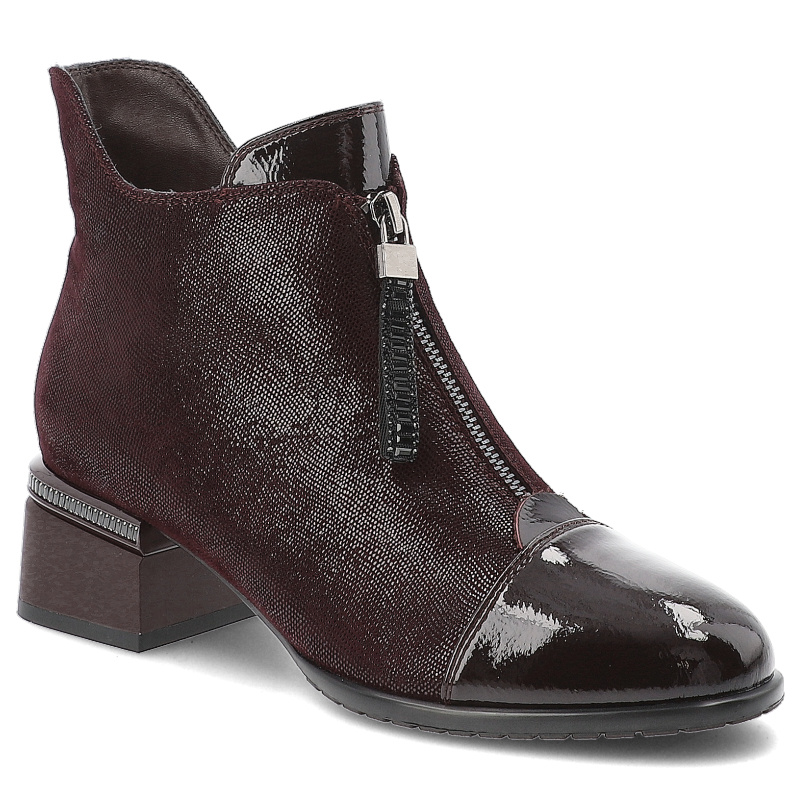 Botki damskie S. Barski, skórzane na klocku we wzorki z okrągłym noskiem i na zamek, wino, CR52-700