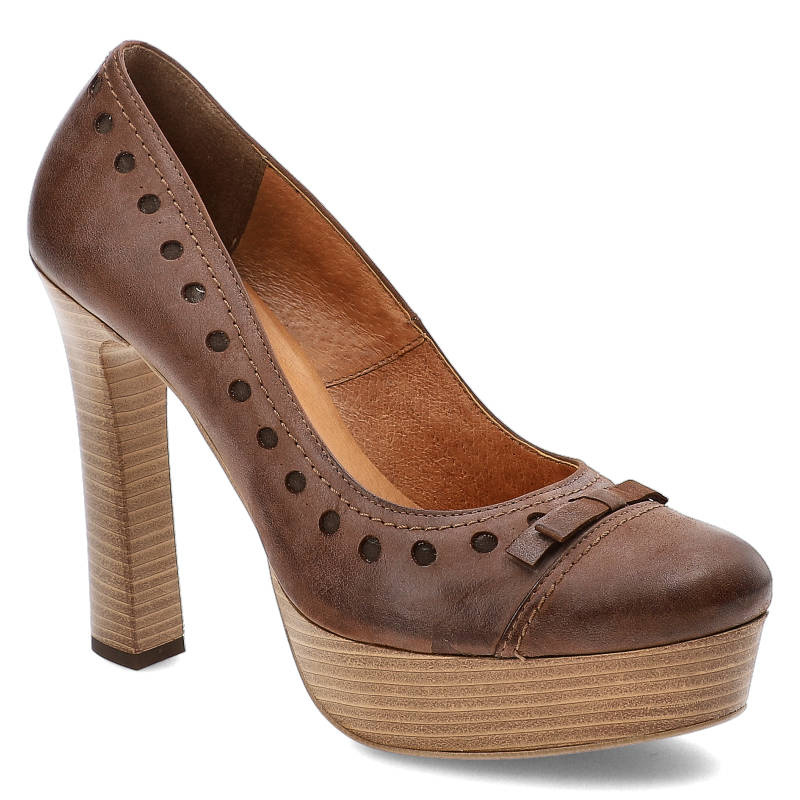 Półbuty damskie Szydłowski, skóra naturalna z uroczą kokardą na palcami i z wysokim stabilnym słupkiem, czekoladowe, 181-Brazowy-Czekoladowy-SM-1461-