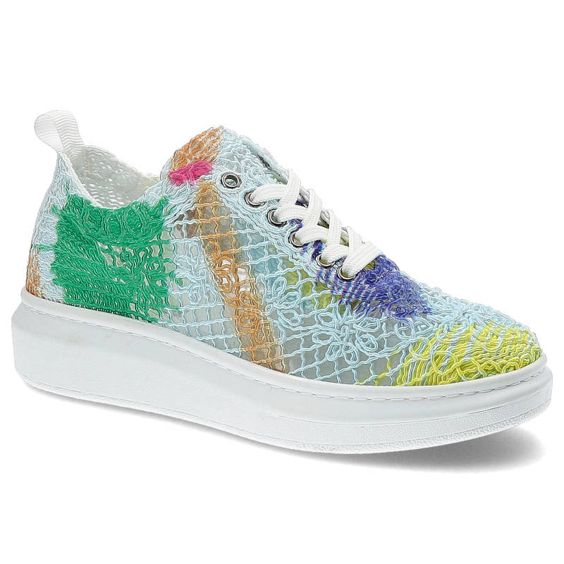 Półbuty damskie Artiker, z materiału tekstylnego z koronkową strukturą cholewki klasycznym sznurowaniem i platformą o wyraźnej grubości , niebieskie,