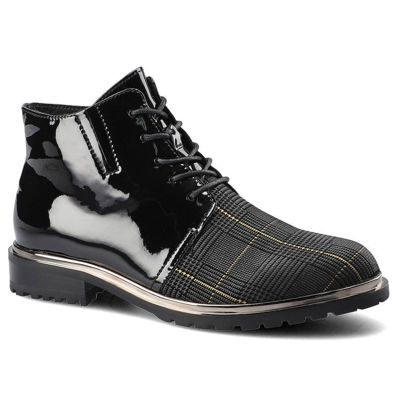 Botki damskie Artiker, sznurowany fason łączone materiały o kontrastowych fakturach lakierowane elementy tekstylny panel we wzór kratki, czarne, 47C1