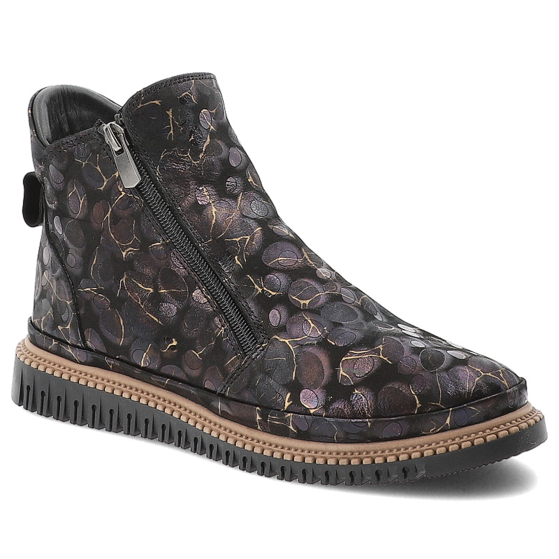 Botki damskie Artiker, skórzane z wzorkami na grubej podeszwie z okrągłym noskiem i na zamek, czarne, 57C2370