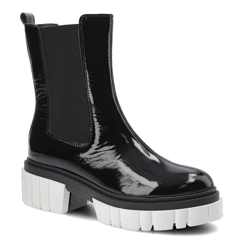 Botki damskie Chebello, wysoka cholewka ze skóry naturalnej lakierowanej z ulastycznymi wstawkami na wysokiej płaskiej podeszwie, czarne, 2787-240-MI