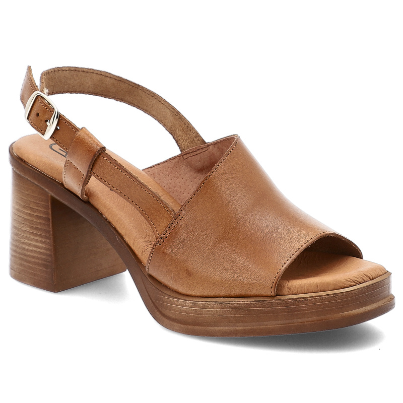 Sandały damskie HEE, ze skóry naturalnej na klocku zapinane sprzączką z odkrytą piętą, brąz, 25544