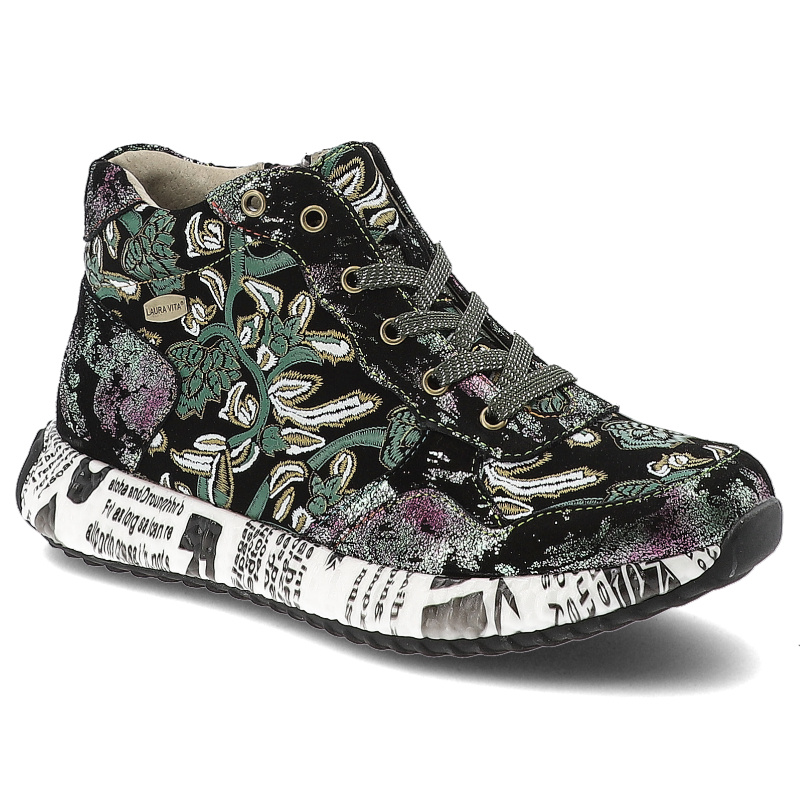 Botki damskie Laura Vita, na grubej podeszwie skórzane z okrągłym noskiem bogato zdobione i na zamek, zielone, Burton-15-SL1826A-5C-Kaki