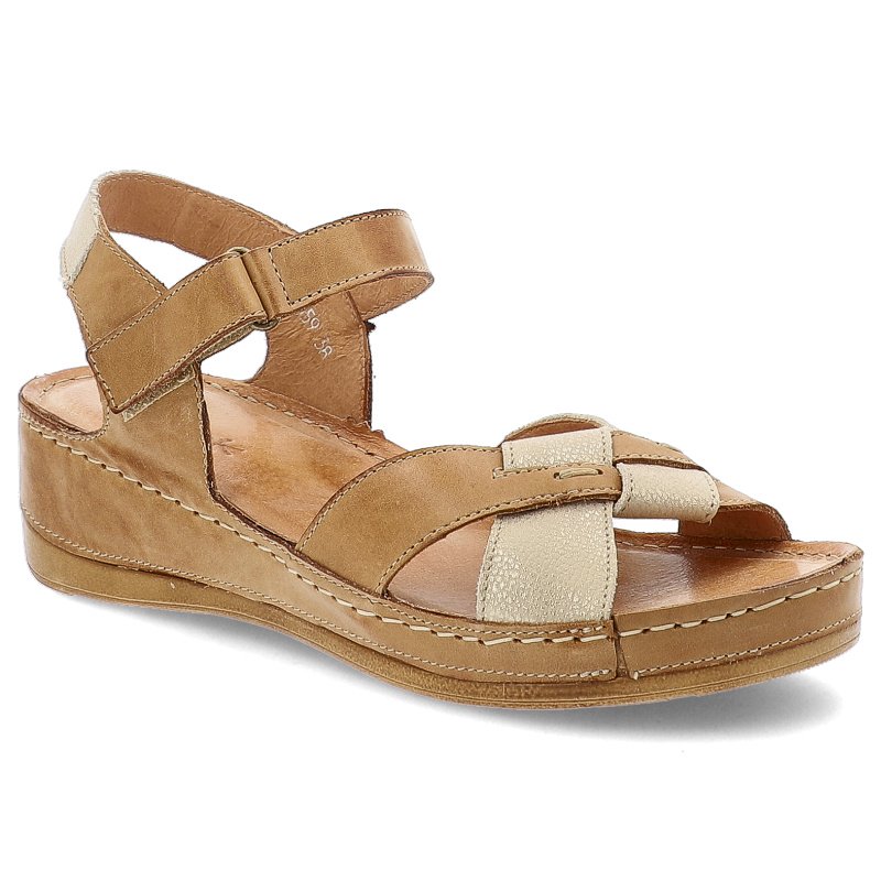 Sandały damskie Wasak, skórzane na platformie z odkrytą piętą na rzep z miękkimi wkładkami, rude złote, 473