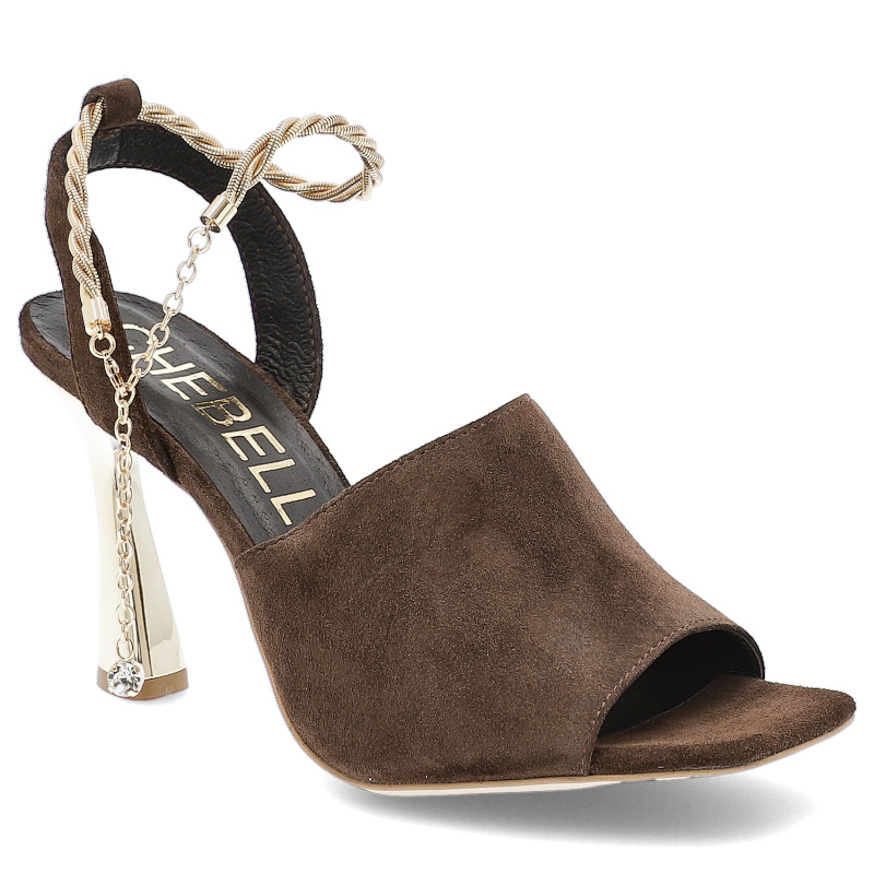 Sandały damskie Chebello, na szpilce ze złotym paskiem wokół kostki skórzane eleganckie, brązowe, 4440-105-000-PSK-S135