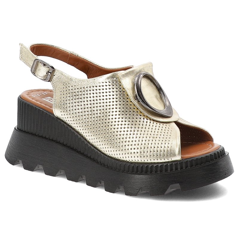 Sandały damskie Artiker, ze skóry naturalnej na koturnie z ozdobą ze sprzączką, złote, 56C0109