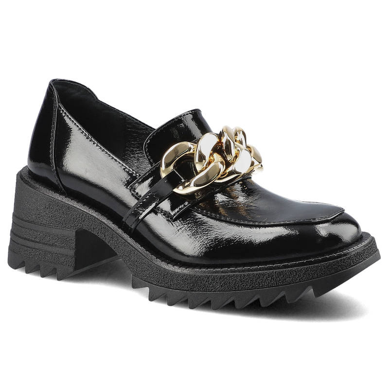 Półbuty damskie Chebello, Wykonane ze skóry naturalnej lakierowanej z gładką cholewką klasycznym wycięciem ozdobnym metalowym łańcuchem oraz masywną