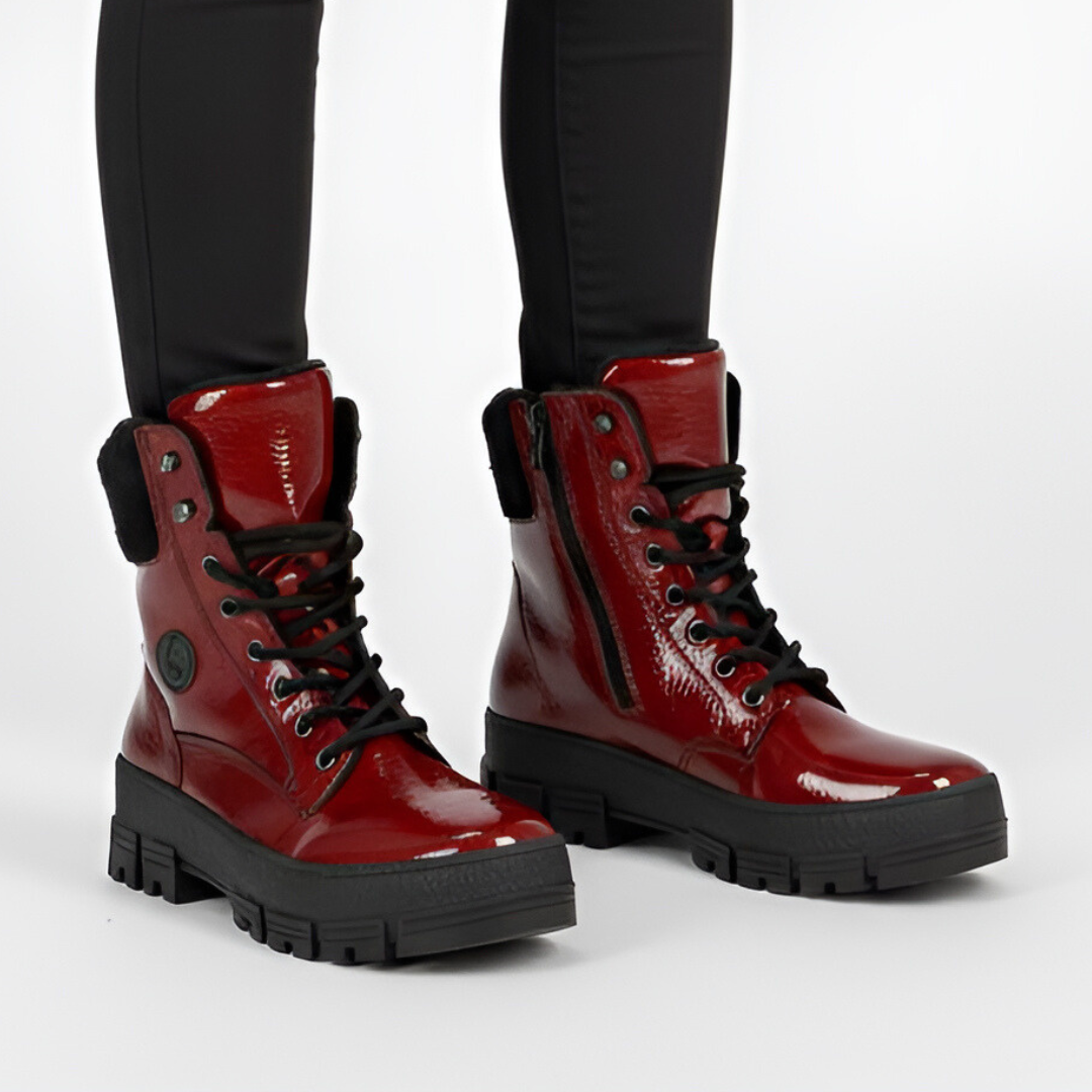 Botki damskie Rieker, futerko w środku i na płaskim obcasie zapinane na zamek, czerwone, Y0220-33